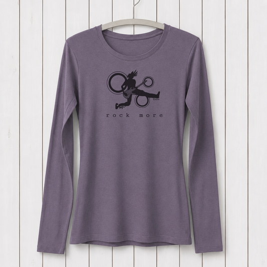 Purple long sleeve graphic T-shirt featuring a silhouette of a guitarist jumping with a guitar, eco-friendly casual wear for music lovers, size L