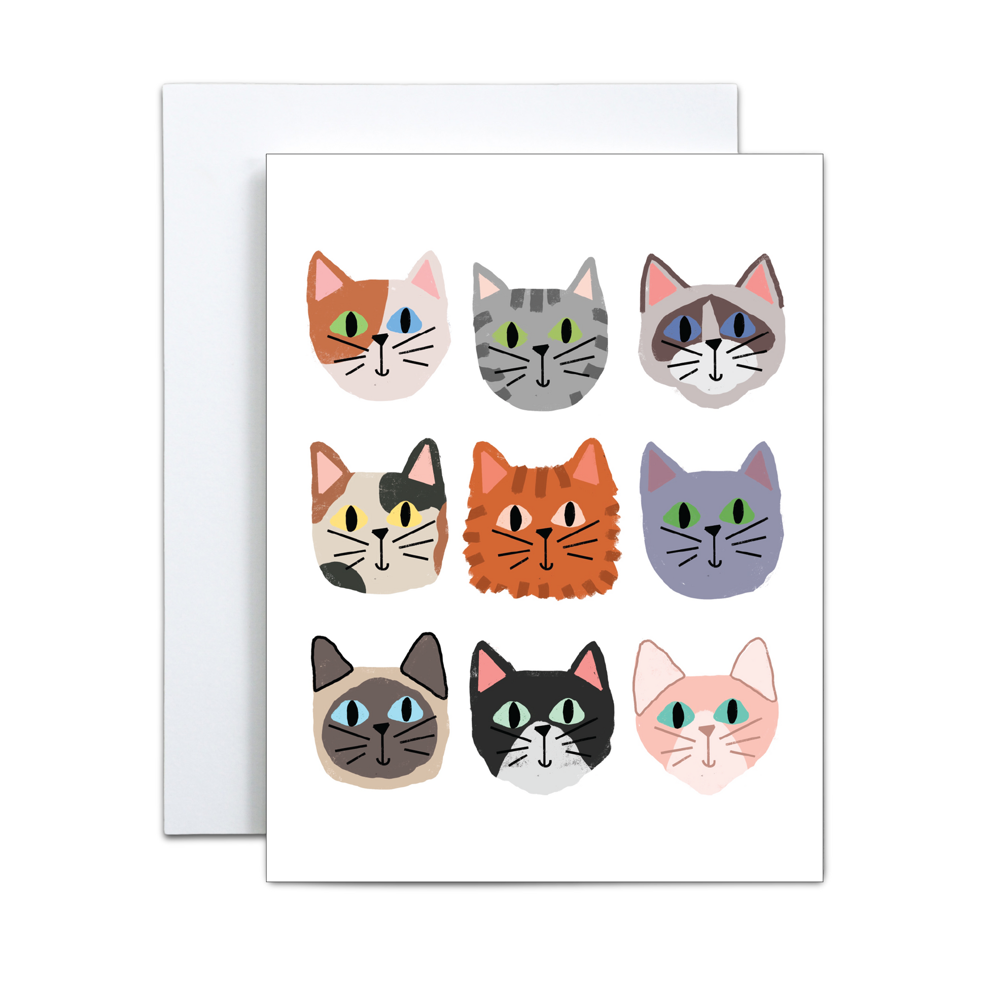 The Copper & Print Cat Greeting Card Handmade - Just Because Cats features nine uniquely illustrated cat faces on a white background—a charming handmade card for any occasion.