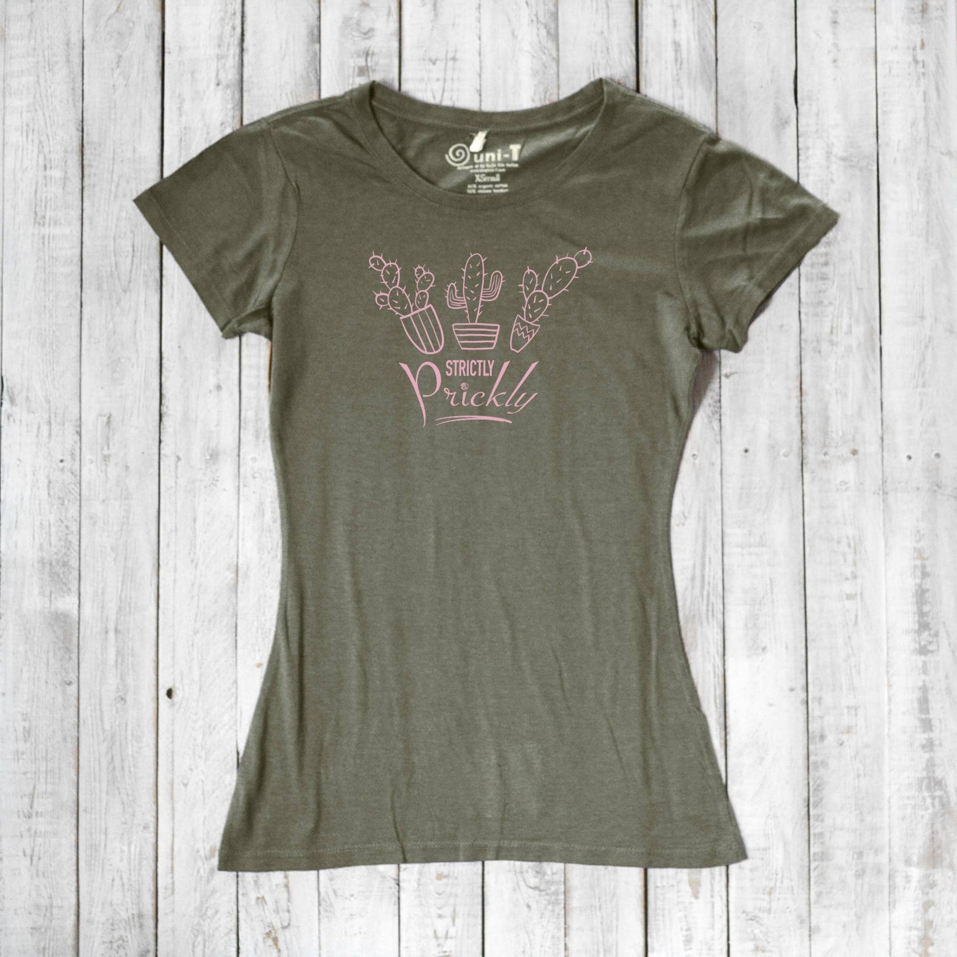 Olive green cactus t-shirt for women with pink 'Strictly Prickly' print. Sustainable bamboo and organic cotton for eco-conscious fashion.