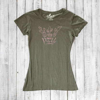 Olive green cactus t-shirt for women with pink 'Strictly Prickly' print. Sustainable bamboo and organic cotton for eco-conscious fashion.