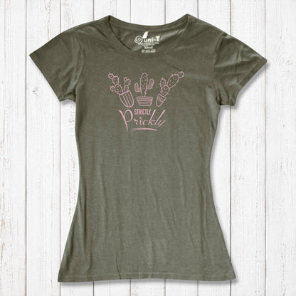Olive green cactus t-shirt for women with pink 'Strictly Prickly' print. Sustainable bamboo and organic cotton for eco-conscious fashion.