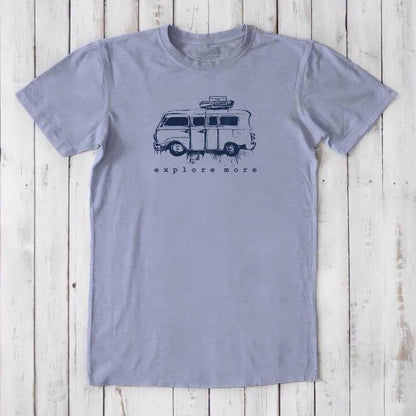 Light lavender men's T-shirt made from bamboo & organic cotton, featuring a navy retro van and 'Explore More' graphic for travel fans.