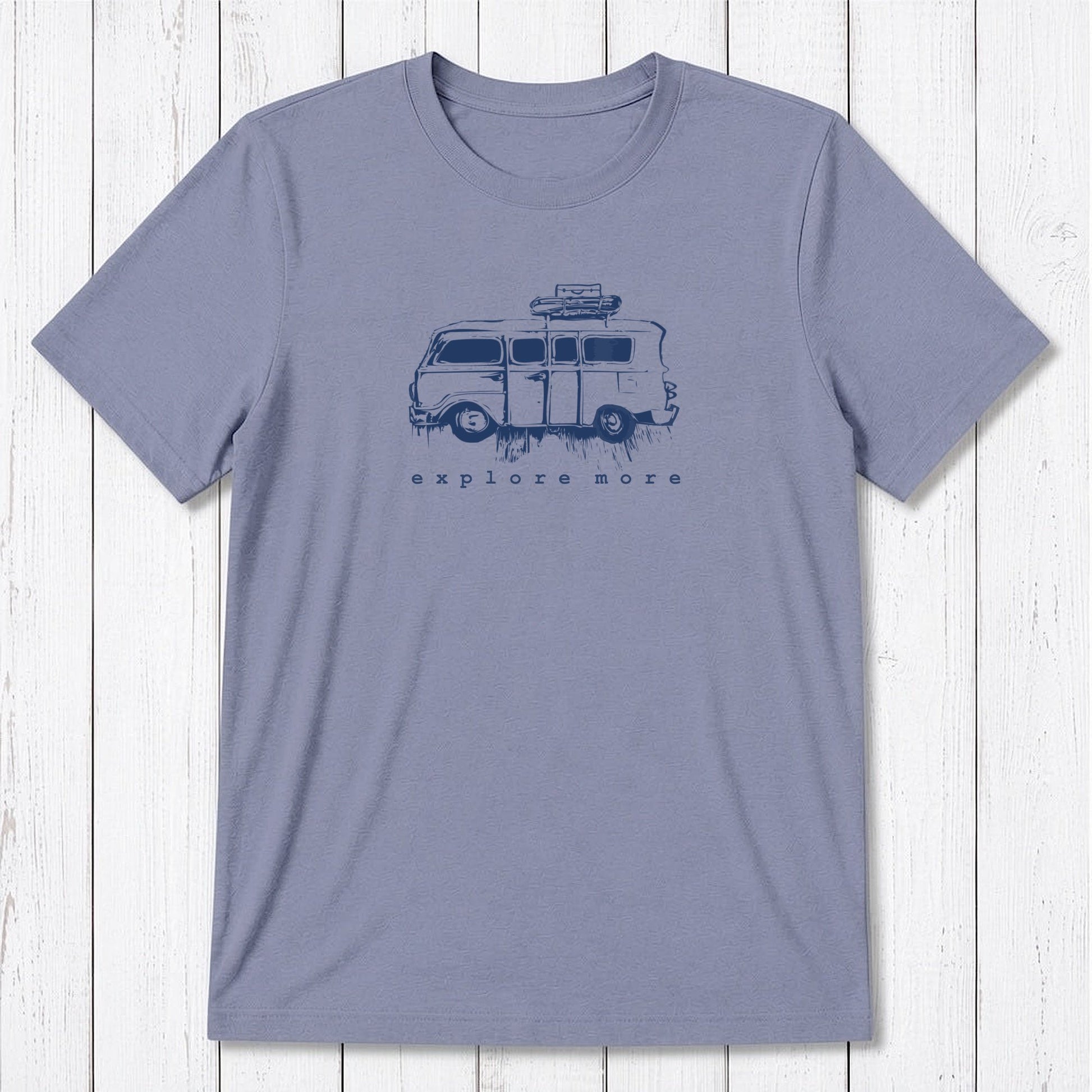 Light lavender men's T-shirt made from bamboo & organic cotton, featuring a navy retro van and 'Explore More' graphic for travel fans.