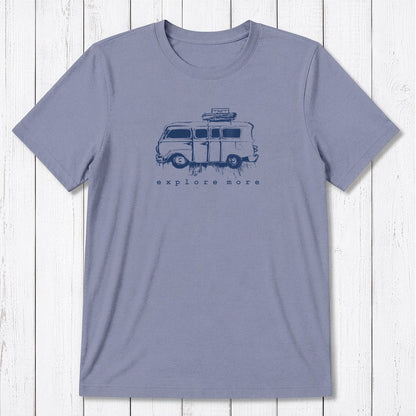 Light lavender men's T-shirt made from bamboo & organic cotton, featuring a navy retro van and 'Explore More' graphic for travel fans.