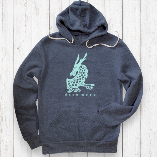 Uni-T Dare More unisex navy eco-fleece pullover hoodie with drawstring hood and kangaroo pocket