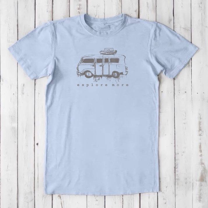 Men's Retro Van T-Shirt in light blue bamboo & organic cotton with 'Explore More' graphic, ideal for travel lovers and outdoor adventures.