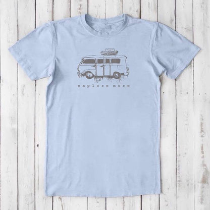 Men's Retro Van T-Shirt in light blue bamboo & organic cotton with 'Explore More' graphic, ideal for travel lovers and outdoor adventures.
