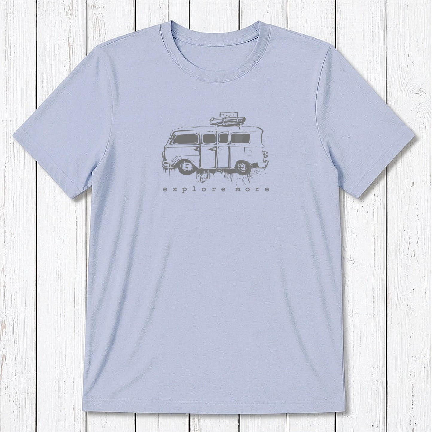Men's Retro Van T-Shirt in light blue bamboo & organic cotton with 'Explore More' graphic, ideal for travel lovers and outdoor adventures.