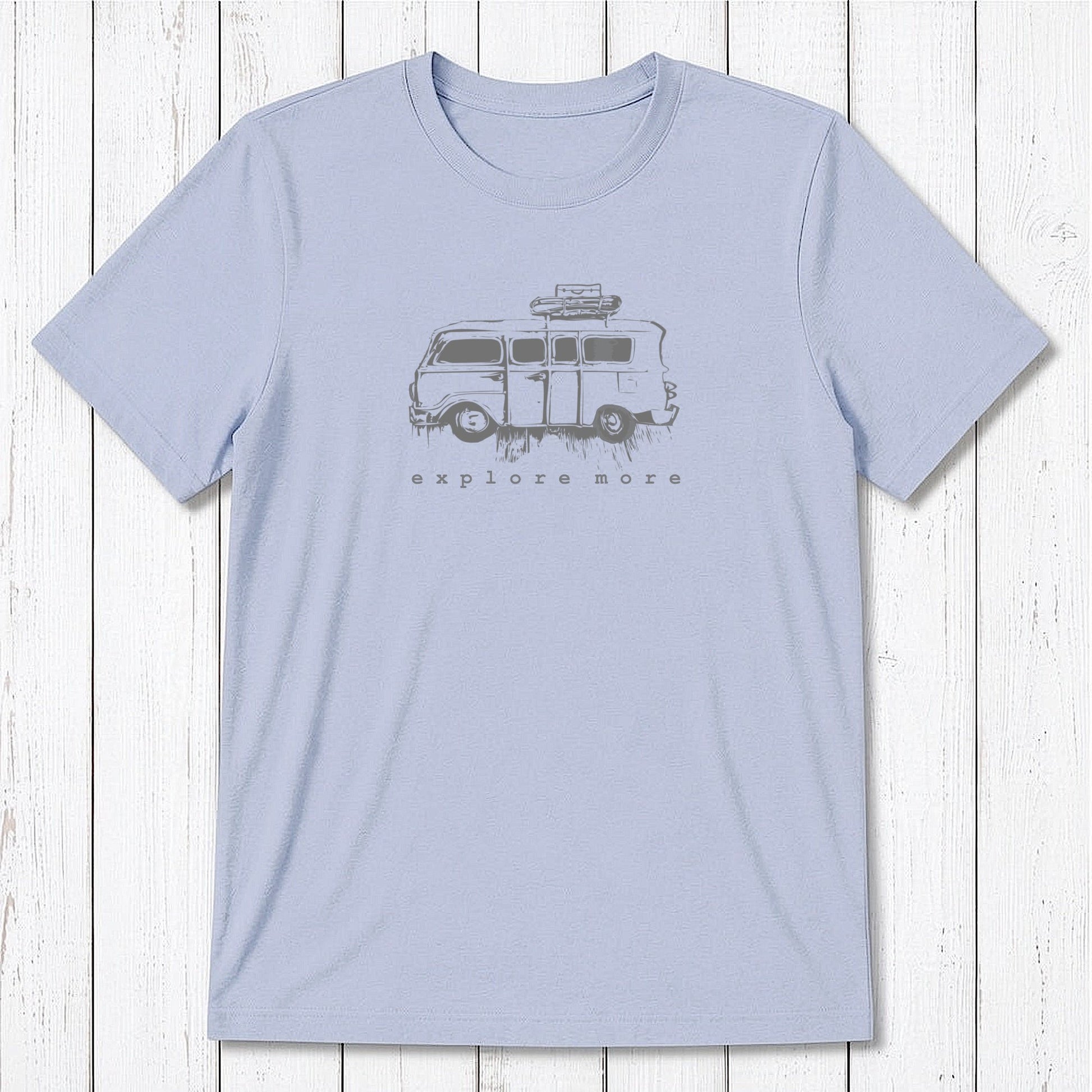 Men's Retro Van T-Shirt in light blue bamboo & organic cotton with 'Explore More' graphic, ideal for travel lovers and outdoor adventures.