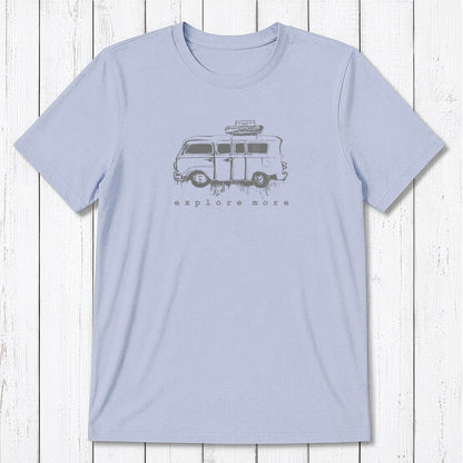 Men's Retro Van T-Shirt in light blue bamboo & organic cotton with 'Explore More' graphic, ideal for travel lovers and outdoor adventures.