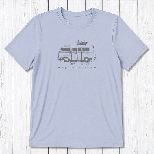 Men's Retro Van T-Shirt in light blue bamboo & organic cotton with 'Explore More' graphic, ideal for travel lovers and outdoor adventures.