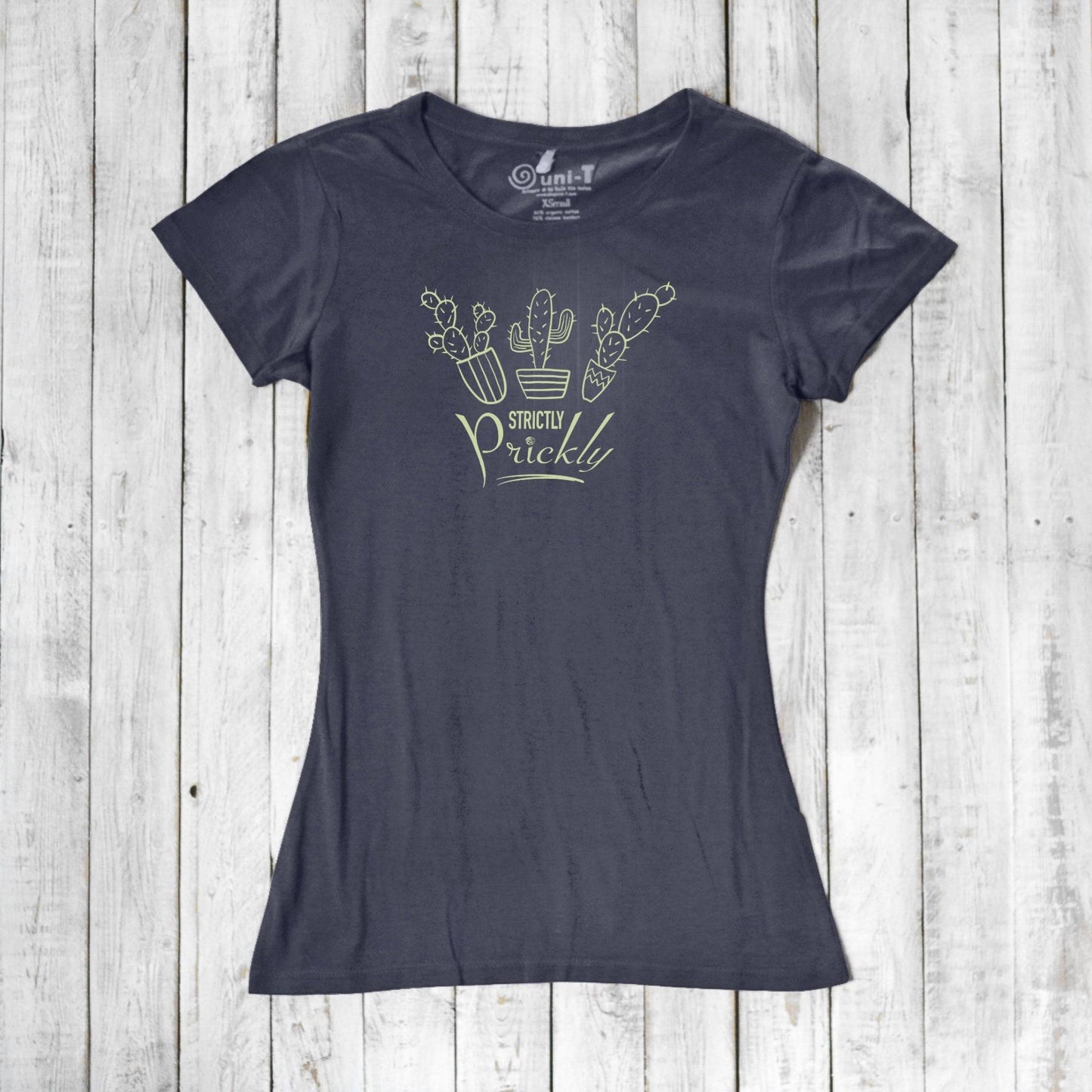 Charcoal cactus t-shirt for women with light green 'Strictly Prickly' design. Made from organic cotton and bamboo for sustainable comfort.