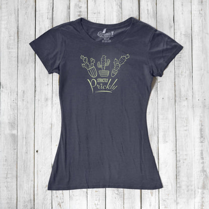 Charcoal cactus t-shirt for women with light green 'Strictly Prickly' design. Made from organic cotton and bamboo for sustainable comfort.