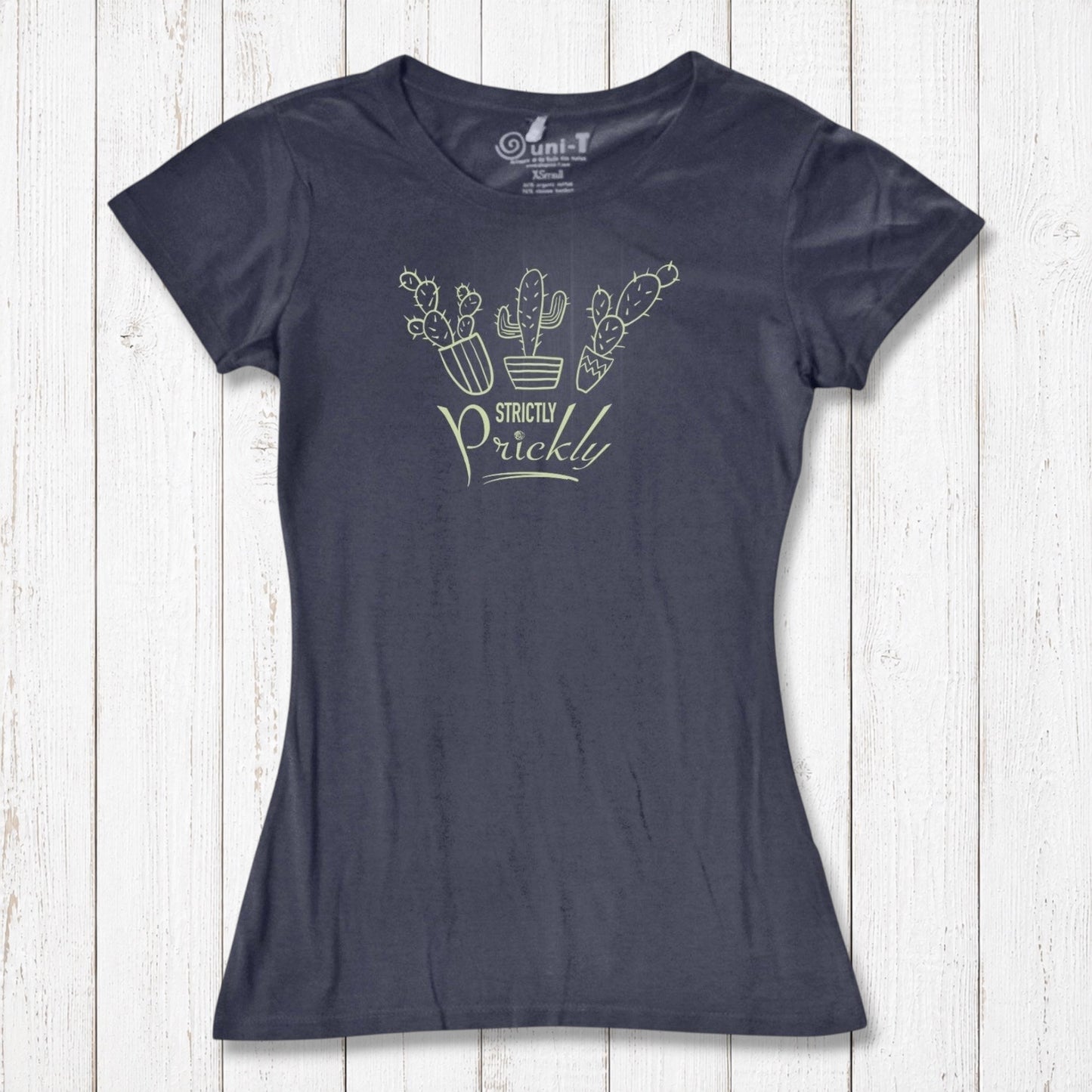 Charcoal cactus t-shirt for women with light green 'Strictly Prickly' design. Made from organic cotton and bamboo for sustainable comfort.