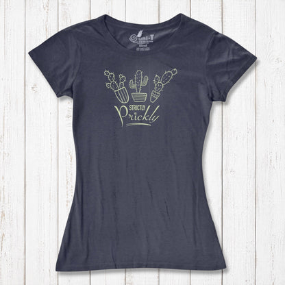 Charcoal cactus t-shirt for women with light green 'Strictly Prickly' design. Made from organic cotton and bamboo for sustainable comfort.