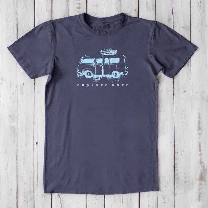 Charcoal gray men's T-shirt with light blue retro van and 'Explore More' text, made from breathable bamboo & organic cotton blend.