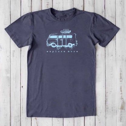 Charcoal gray men's T-shirt with light blue retro van and 'Explore More' text, made from breathable bamboo & organic cotton blend.