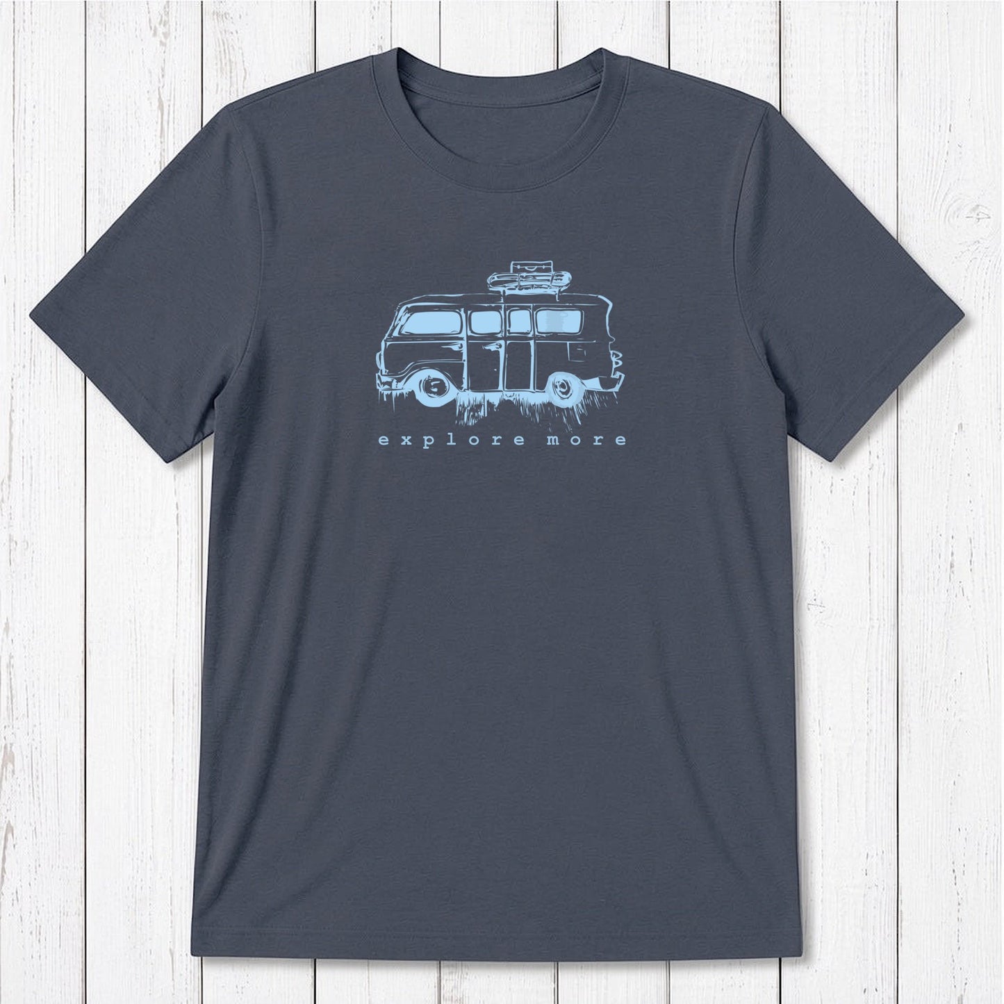 Charcoal gray men's T-shirt with light blue retro van and 'Explore More' text, made from breathable bamboo & organic cotton blend.