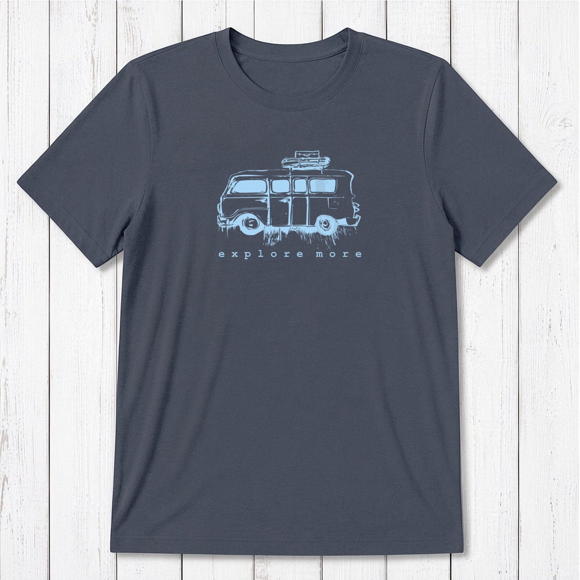 Charcoal gray men's T-shirt with light blue retro van and 'Explore More' text, made from breathable bamboo & organic cotton blend.