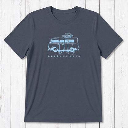 Charcoal gray men's T-shirt with light blue retro van and 'Explore More' text, made from breathable bamboo & organic cotton blend.