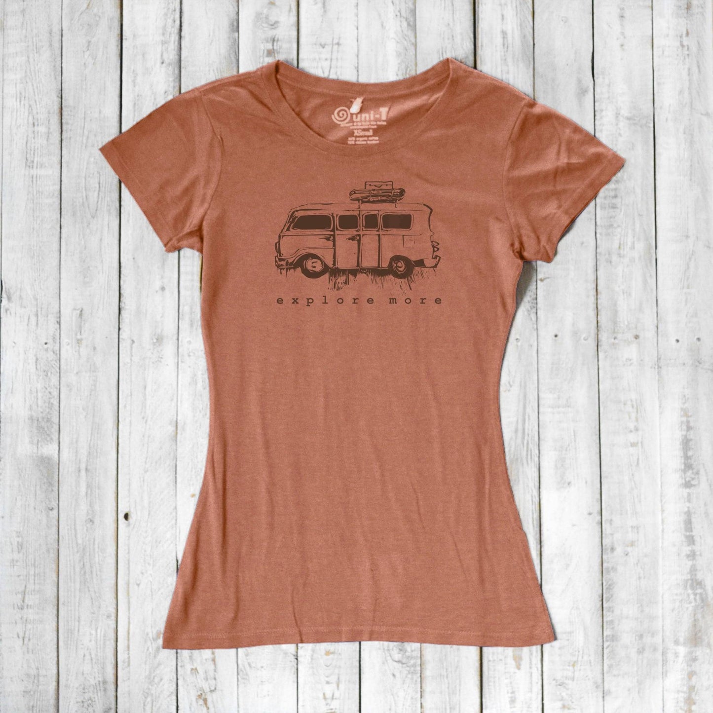 Rust-colored women's Retro Van T-Shirt made from eco-friendly bamboo and organic cotton, featuring 'Explore More' graphic.