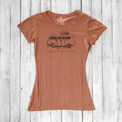 Rust-colored women's Retro Van T-Shirt made from eco-friendly bamboo and organic cotton, featuring 'Explore More' graphic.