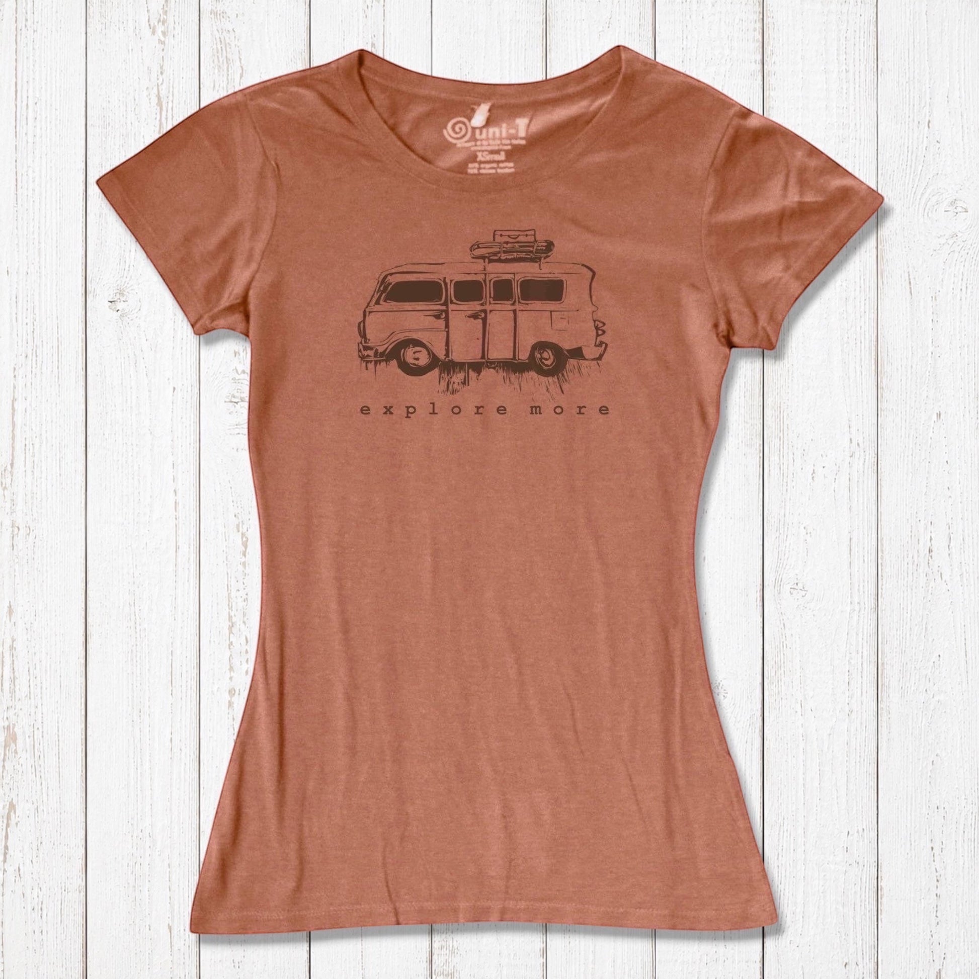 Rust-colored women's Retro Van T-Shirt made from eco-friendly bamboo and organic cotton, featuring 'Explore More' graphic.