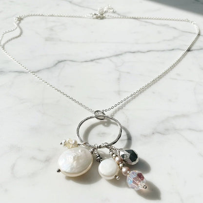 Silver Charm Necklace with Pearl and Crystal Pendants