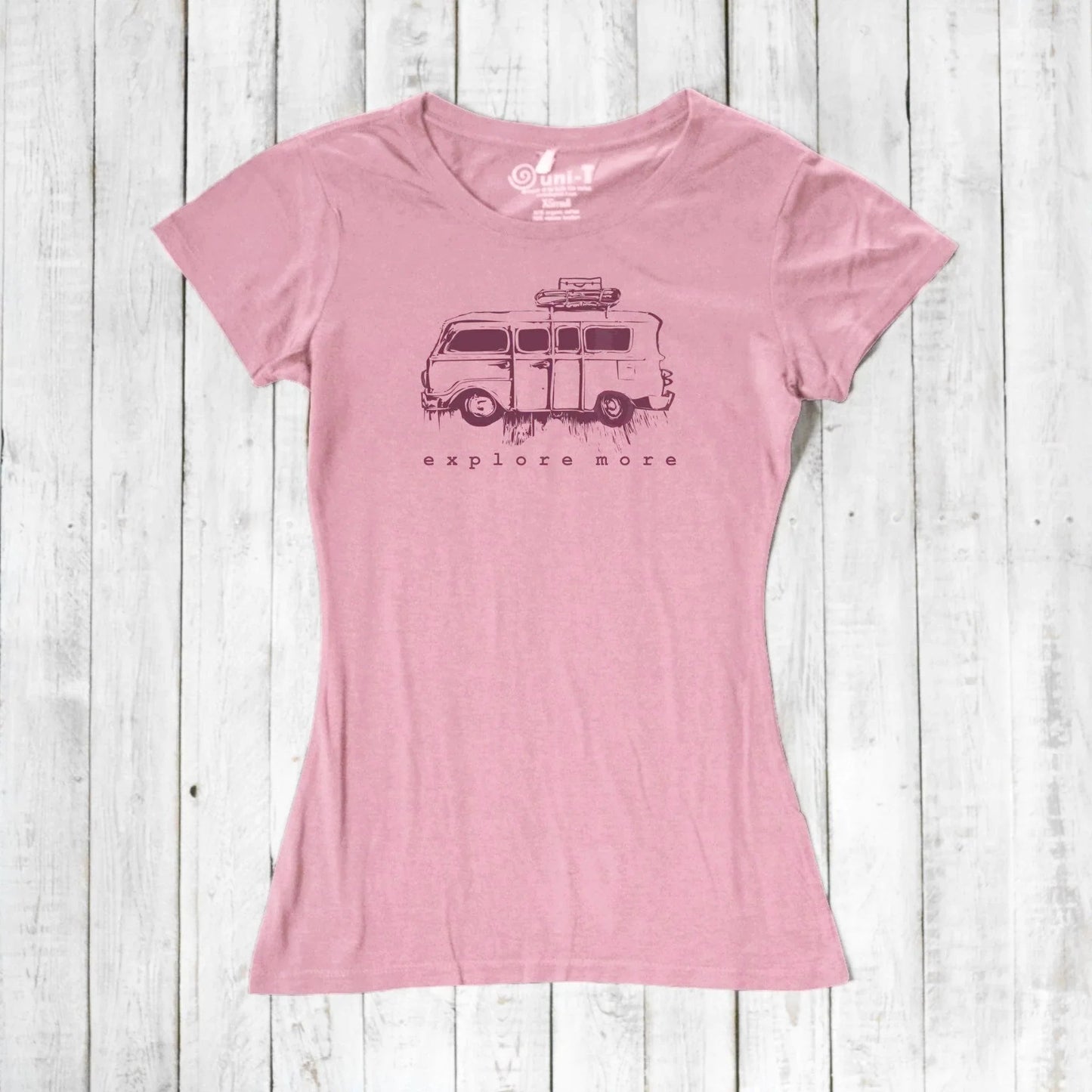 Pink Retro Van T-Shirt for Women with dark van and 'Explore More' print, made from sustainable bamboo and organic cotton.