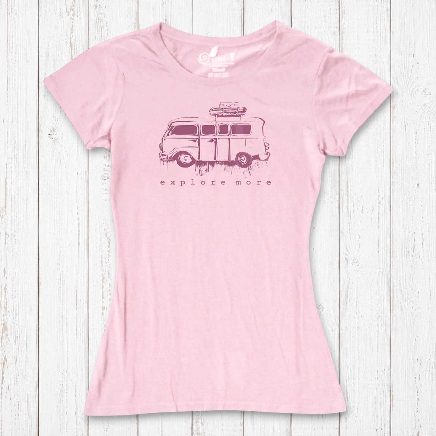 Pink Retro Van T-Shirt for Women with dark van and 'Explore More' print, made from sustainable bamboo and organic cotton.