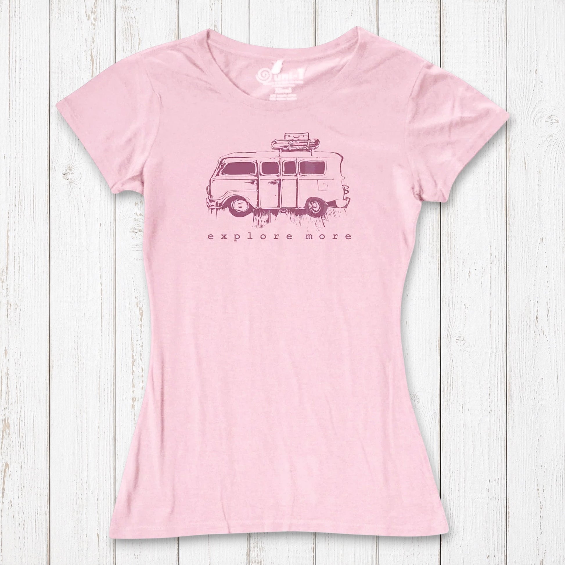 Pink Retro Van T-Shirt for Women with dark van and 'Explore More' print, made from sustainable bamboo and organic cotton.