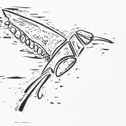 Black and white hummingbird illustration in tribal style, suitable for graphic design or eco-themed apparel artwork.