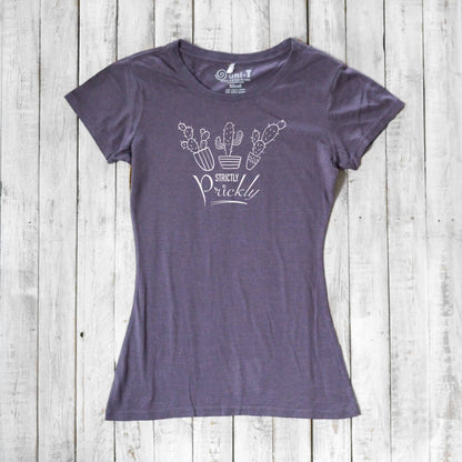 Purple cactus t-shirt for women with white 'Strictly Prickly' print. Sustainable bamboo and organic cotton fabric for stylish eco wear.