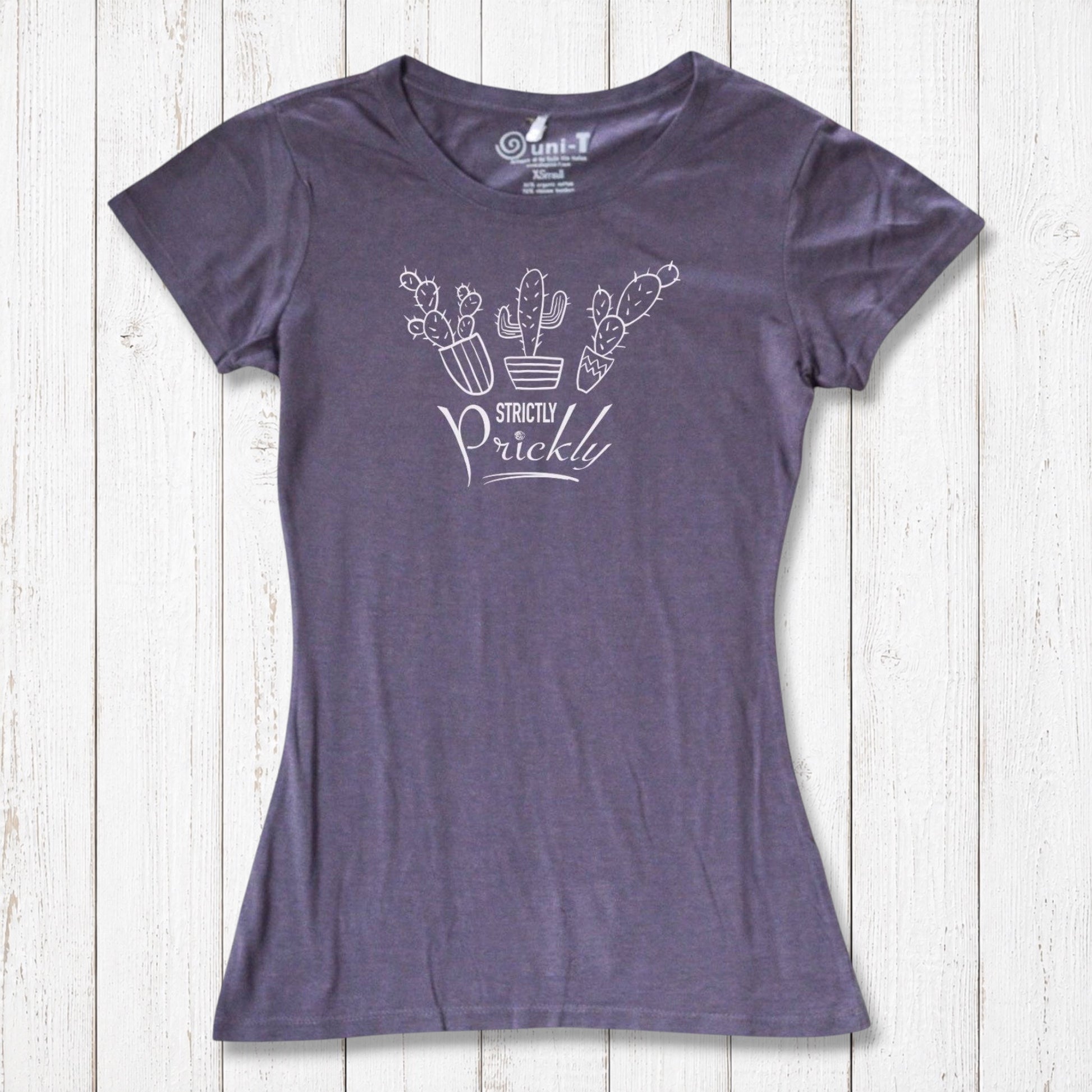 Purple cactus t-shirt for women with white 'Strictly Prickly' print. Sustainable bamboo and organic cotton fabric for stylish eco wear.