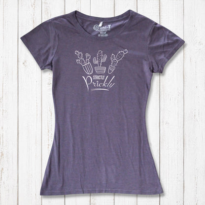Purple cactus t-shirt for women with white 'Strictly Prickly' print. Sustainable bamboo and organic cotton fabric for stylish eco wear.