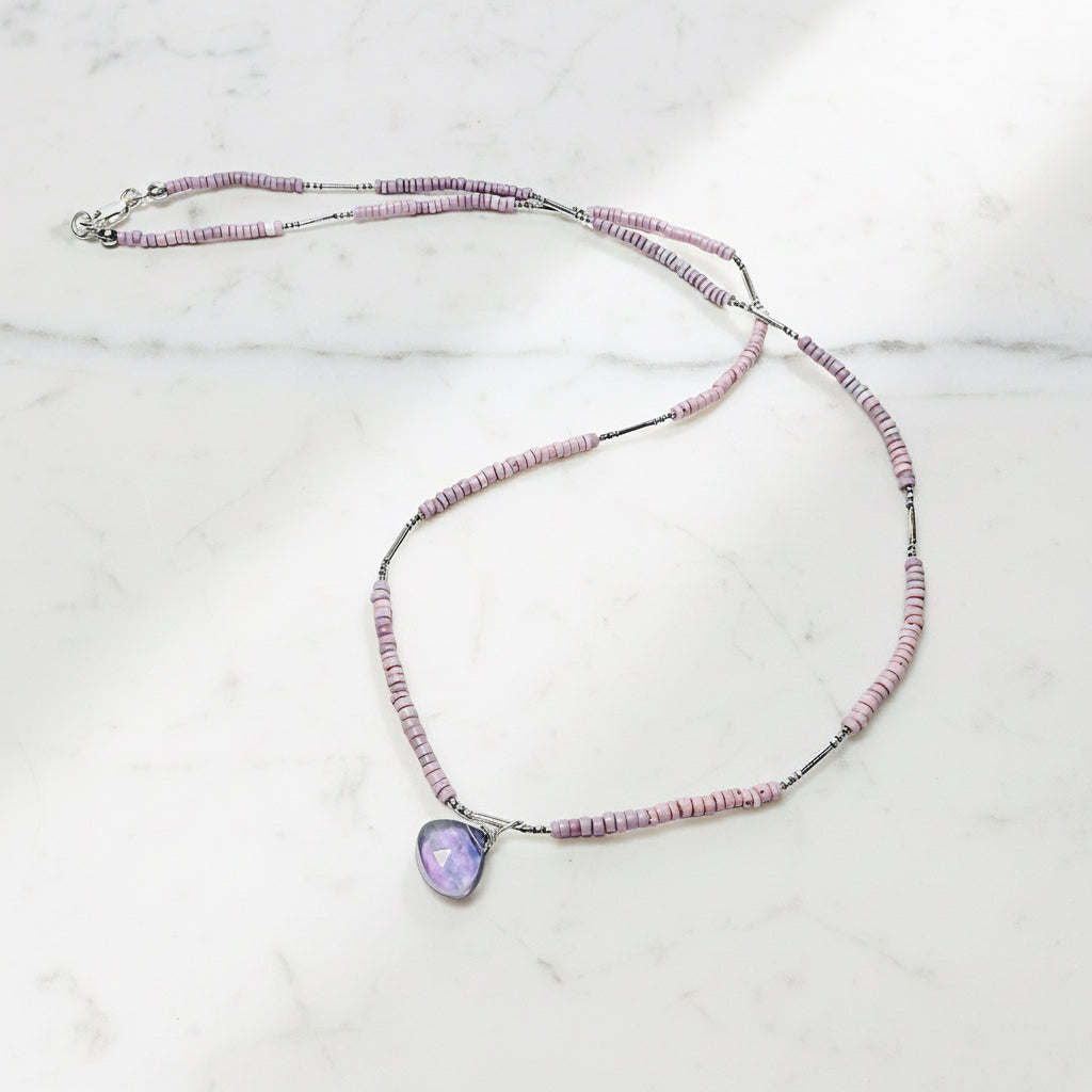 Pink and purple beaded necklace with silver accents