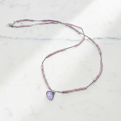 Pink and purple beaded necklace with silver accents
