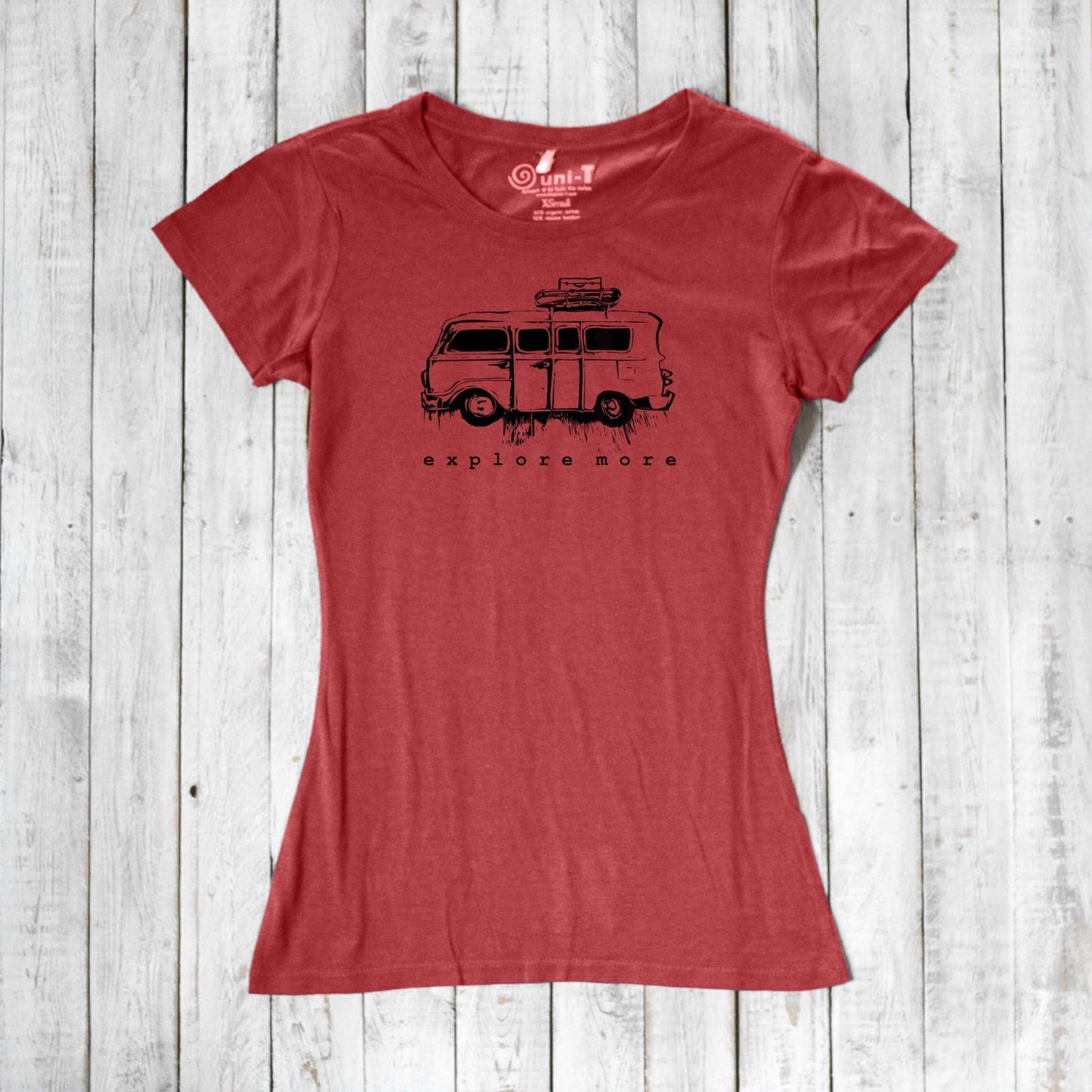 Red eco-friendly Retro Van T-Shirt for Women with black 'Explore More' van graphic, made from bamboo and organic cotton.