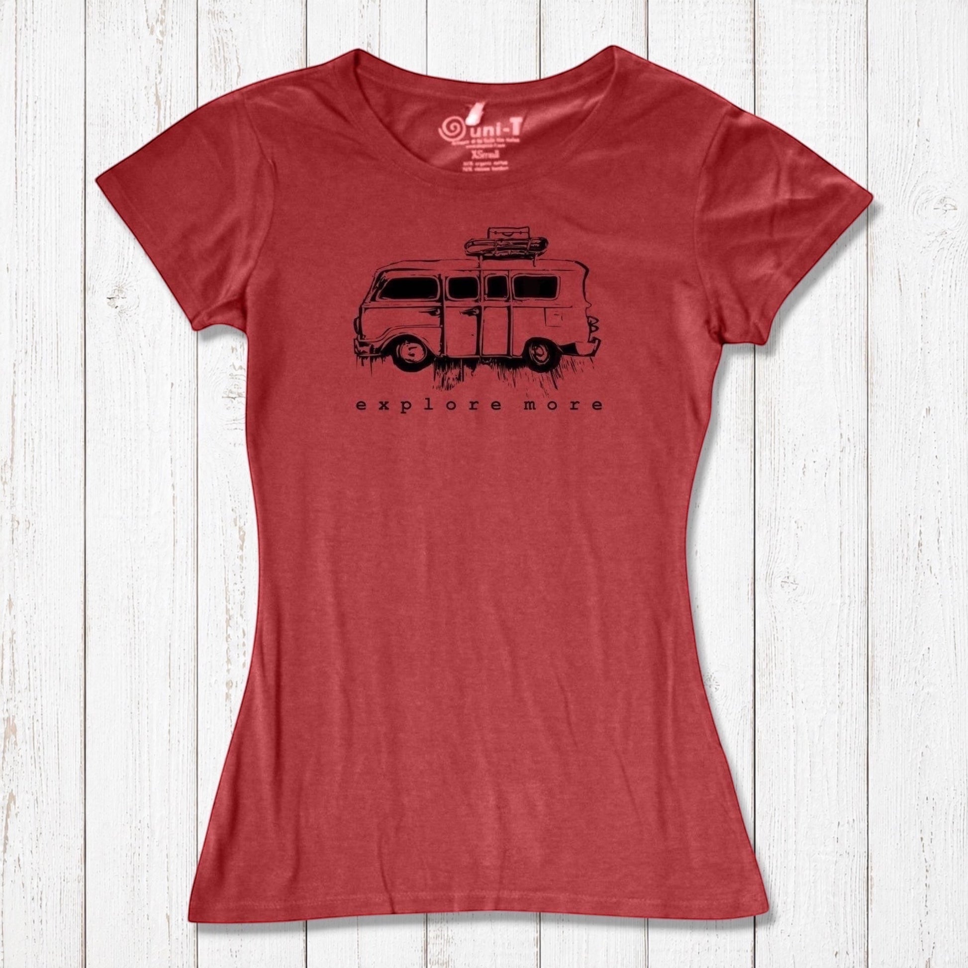 Red eco-friendly Retro Van T-Shirt for Women with black 'Explore More' van graphic, made from bamboo and organic cotton.