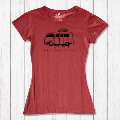 Red eco-friendly Retro Van T-Shirt for Women with black 'Explore More' van graphic, made from bamboo and organic cotton.