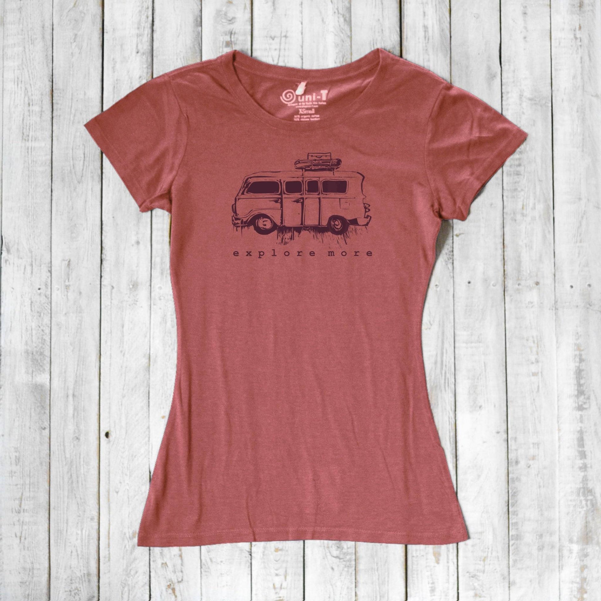 Eco-friendly Retro Van T-Shirt for Women in dusty rose, made from bamboo and organic cotton with 'Explore More' graphic print.
