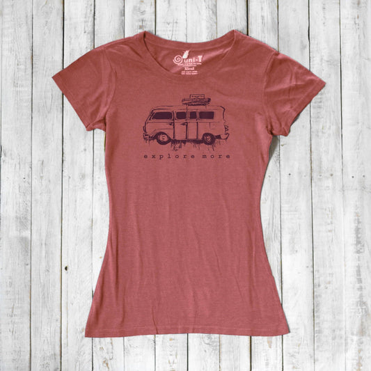 Eco-friendly Retro Van T-Shirt for Women in dusty rose, made from bamboo and organic cotton with 'Explore More' graphic print.