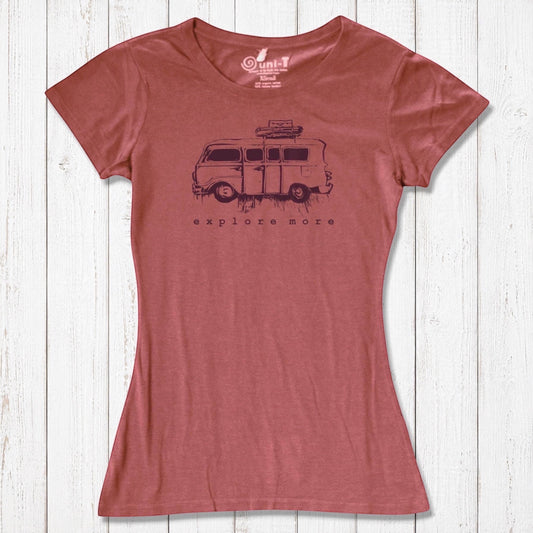 Eco-friendly Retro Van T-Shirt for Women in dusty rose, made from bamboo and organic cotton with 'Explore More' graphic print.