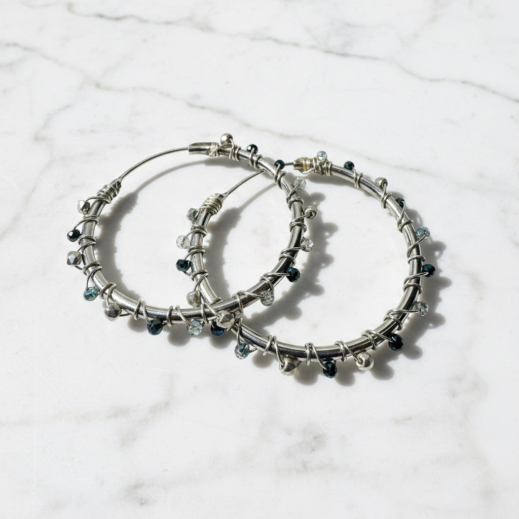 Silver Plated Hoop Earrings with Hematite Beads