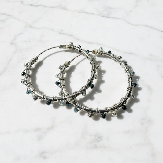 Silver Plated Hoop Earrings with Hematite Beads