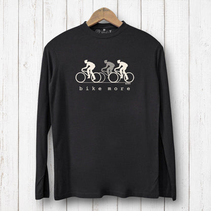 Uni-T black bamboo long sleeve shirt with white Bike More graphic print featuring three cyclists on a wooden hanger.