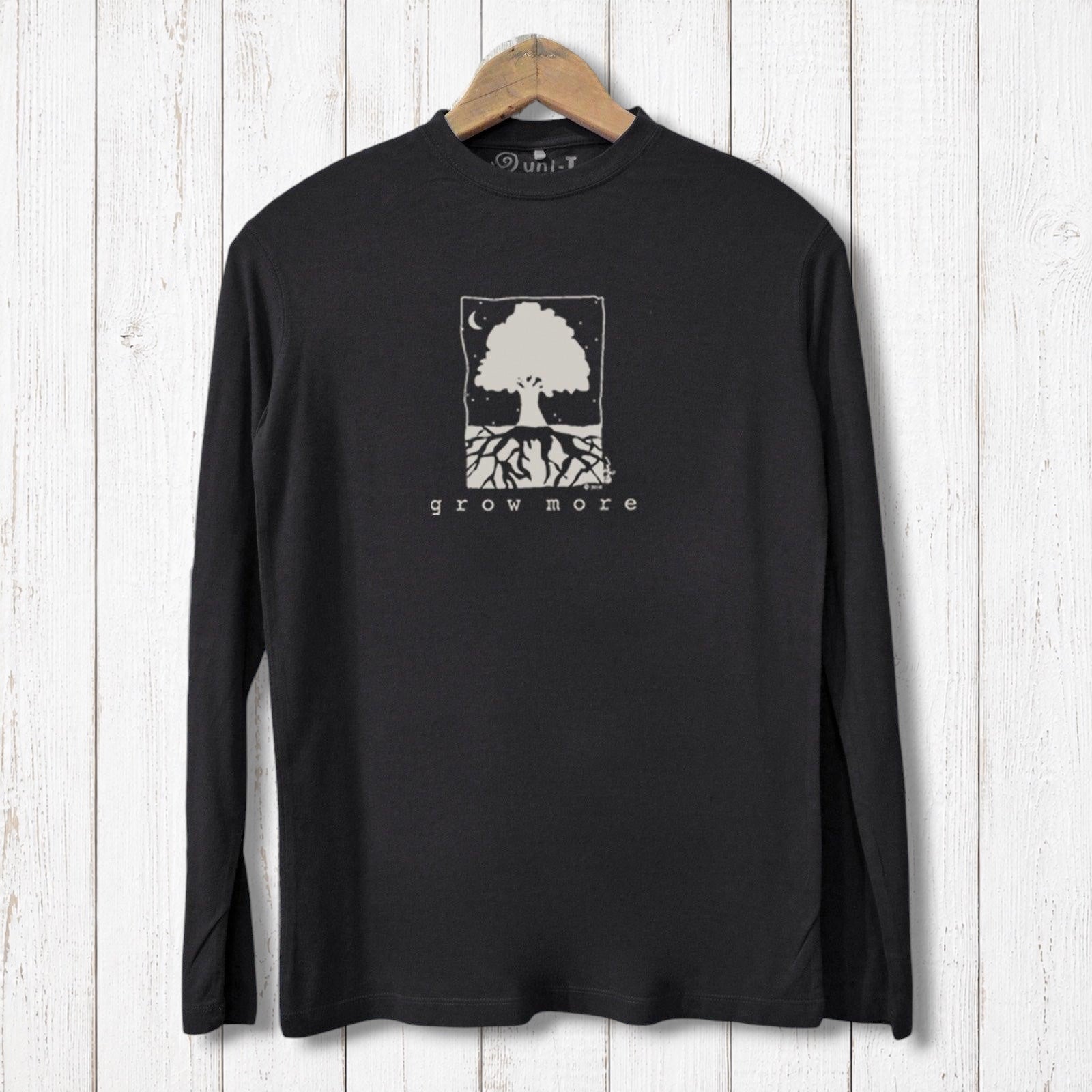 Uni-T black long sleeve t-shirt with a white Grow More tree graphic, made from soft bamboo and organic cotton blend.