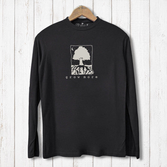 Uni-T black long sleeve t-shirt with a white Grow More tree graphic, made from soft bamboo and organic cotton blend.
