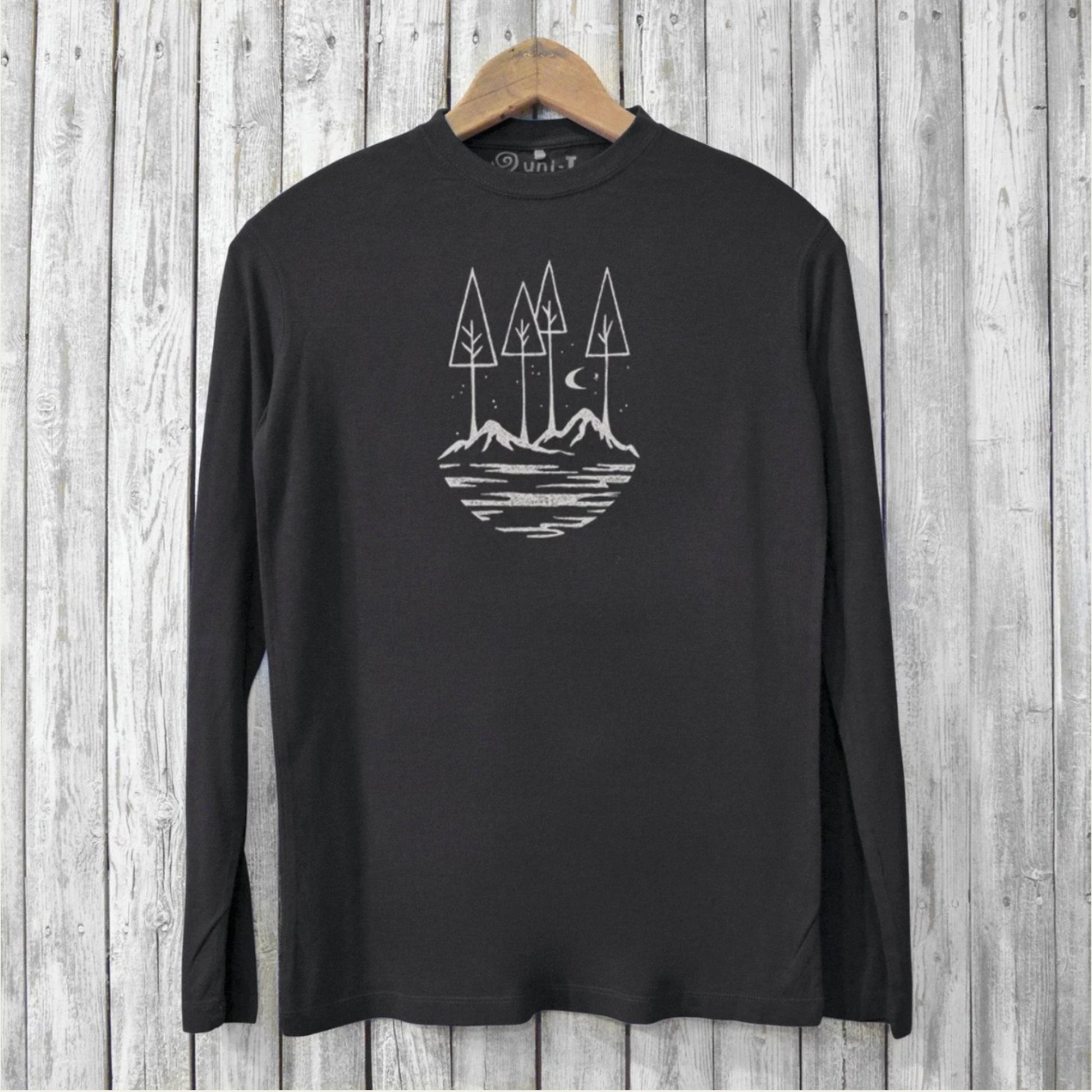 Uni-T black long sleeve bamboo t-shirt featuring a white hand-printed nature illustration of trees and mountains.