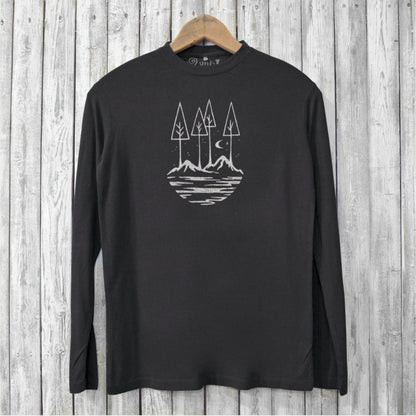 Uni-T black long sleeve bamboo t-shirt featuring a white hand-printed nature illustration of trees and mountains.